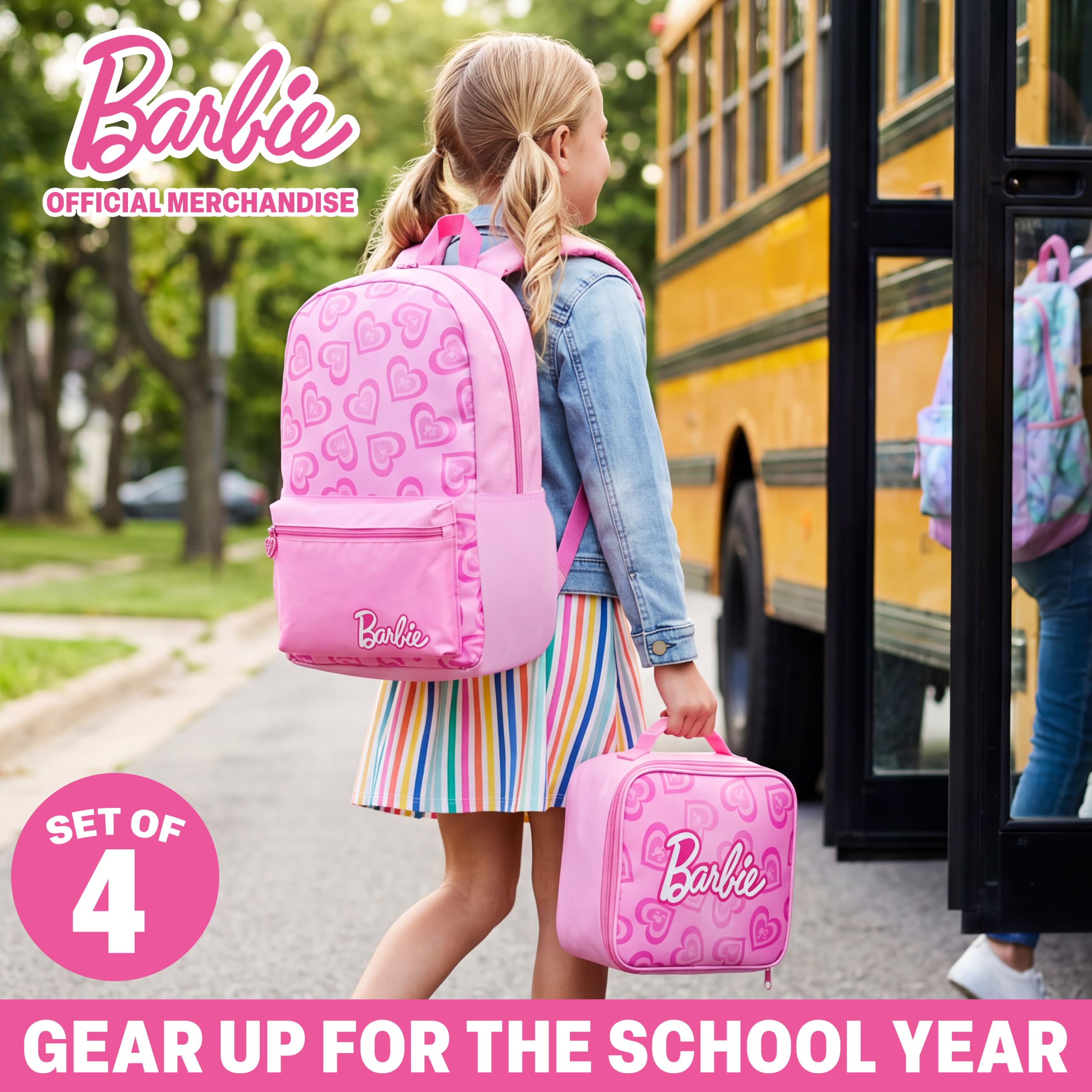 Get Trend Barbie Sac a Dos Fille Set, 4 Pcs Cartable Enfant, Trousse Scolaire, Sac Isotherme Repas et 500ml sans BPA Gourde avec Paille (Rose Barbie)