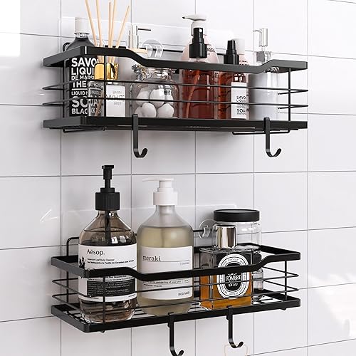 Paquete de 2 organizadores de ducha negros Estantes adhesivos de ducha de gran capacidad, accesorios de baño de fácil instalación con 4 ganchos