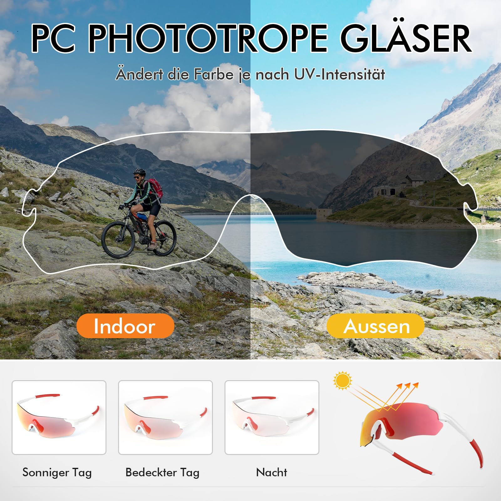 Fahrradbrille Selbsttönend für Damen Herren, Photochrome Radsportbrille Sportbrille mit UV400 Schutz TR90 Ultraleichter Rahmenlose Sonnenbrille