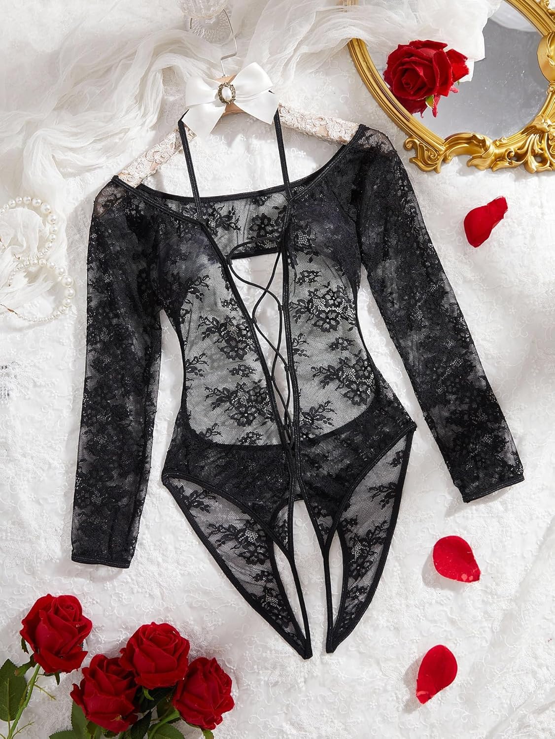 SHENHE Women's Halter Bodysuit Lingerie Long Sleeve Off The Shoulder Open Back Lace Up Sheer Teddy Lingerie Body Suit - Image 3