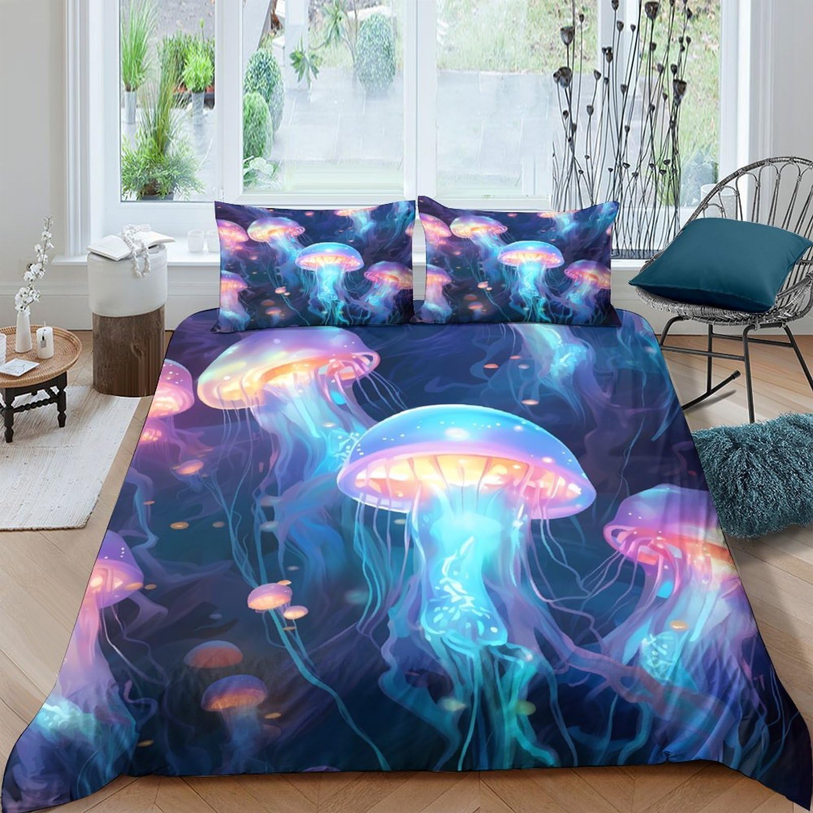 Ctjqhvkz Style-3 3D Printed Glowing Jellyfish Fitted Sheet Microfiber Soft Deep Sea Mattress Cover Bedroom Dorm Decor Single（135X200cm）