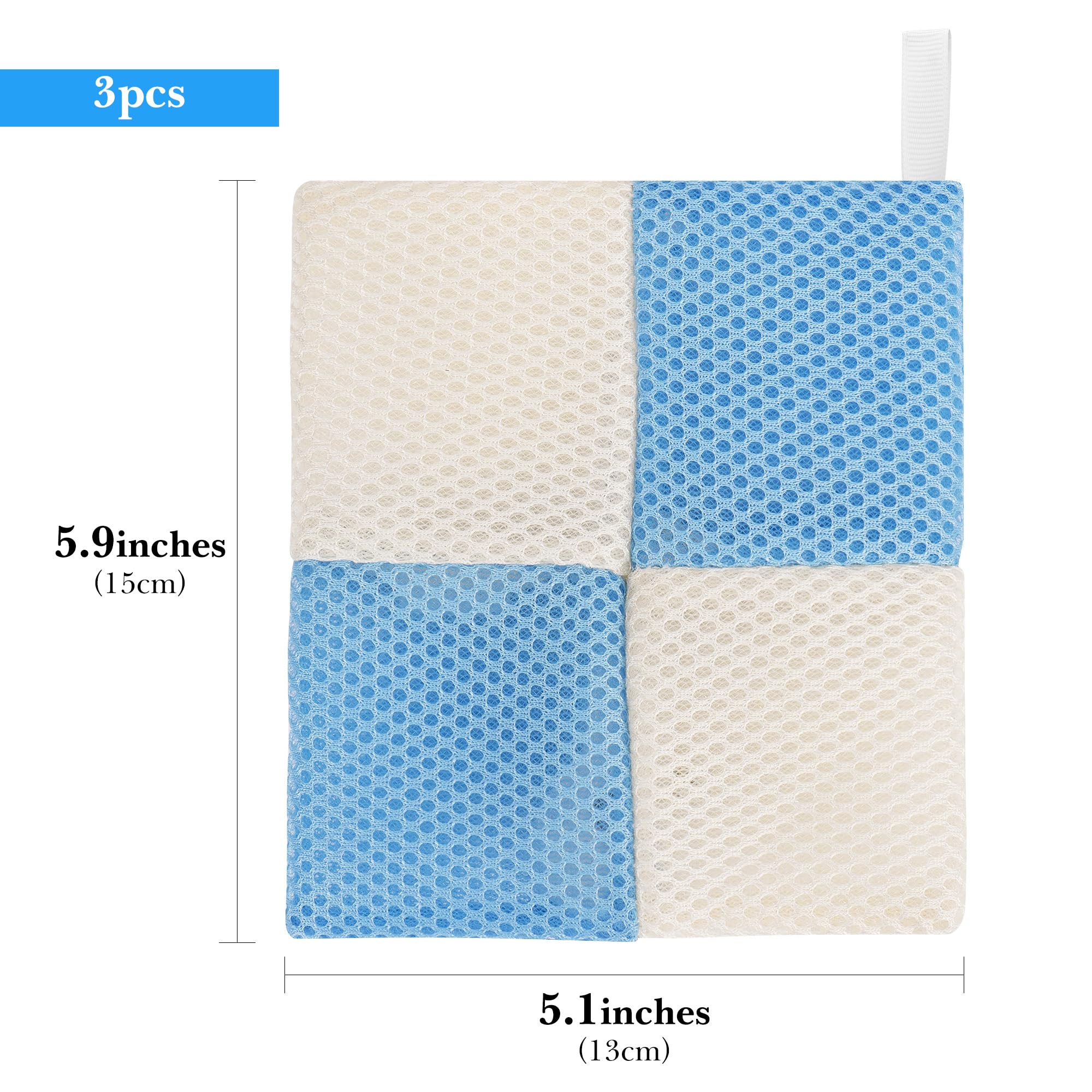 Linkidea 3 Pack Soap Saver Pouch with Zipper, Exfoliating Body Sponge Scrubber with Hand Loop, Mesh Foam Lather Pocket for Shower Bath, Rectangle