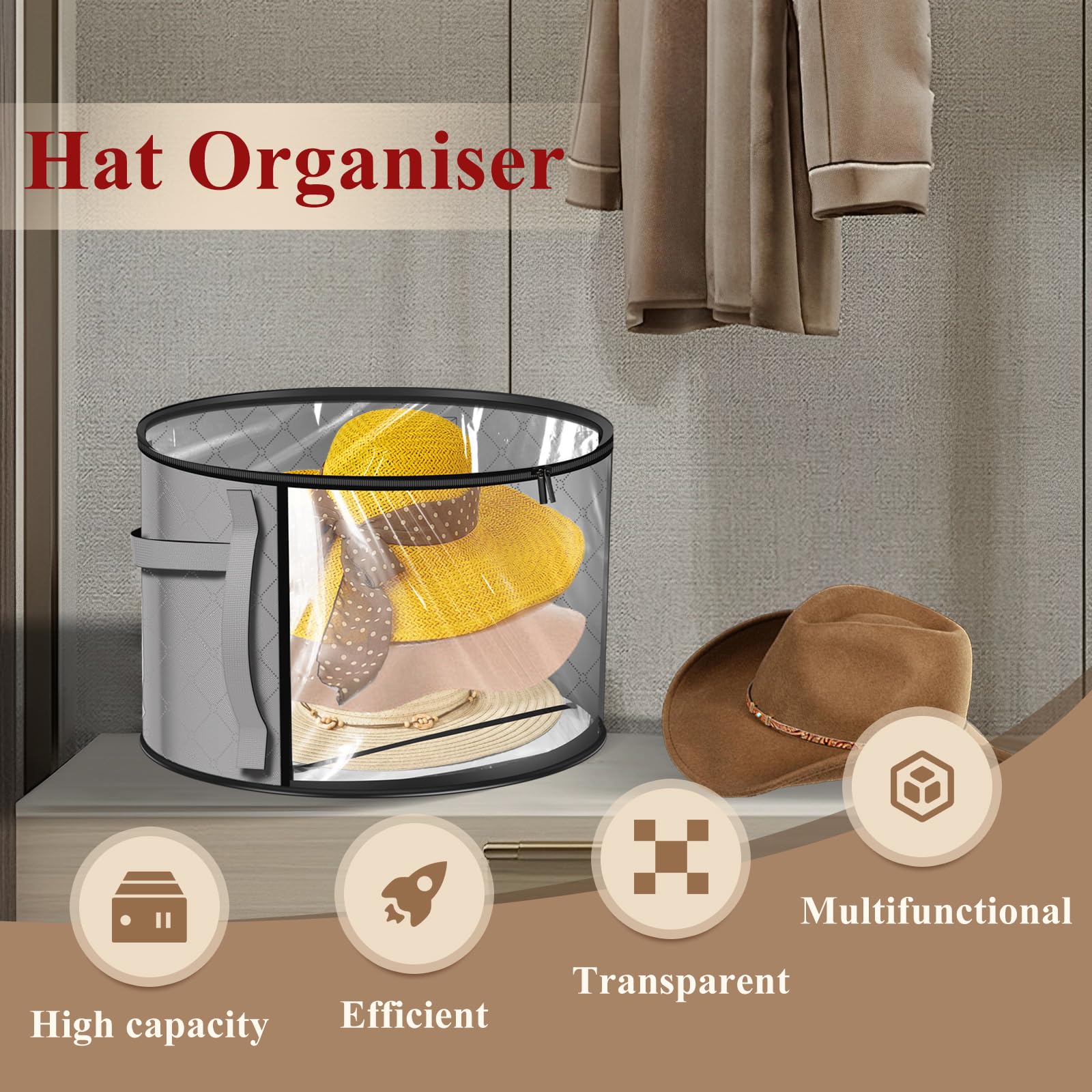 FALESOUL Oversized Clear Hat Storage Bag for Women, Closet Hat Boxes Organizer Bag with Dustproof Lids, Holds up to 7 Caps Cowboy Hat Organizer for Closet, Hat Carrier Case for Travel (Grey)