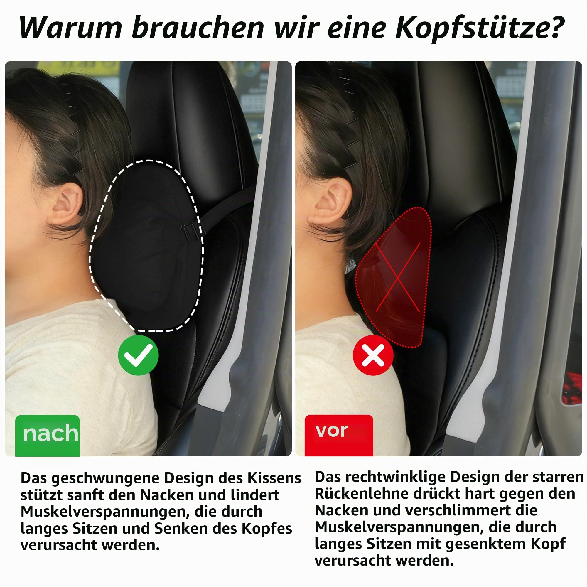 Nackenkissen Auto, Weichheit Kopfstütze Kissen für Auto, Set mit Doppellagigem Design mit Memory Foam und Biologischer Baumwolle für Autos, LKWs und SUVs (Schwarz)