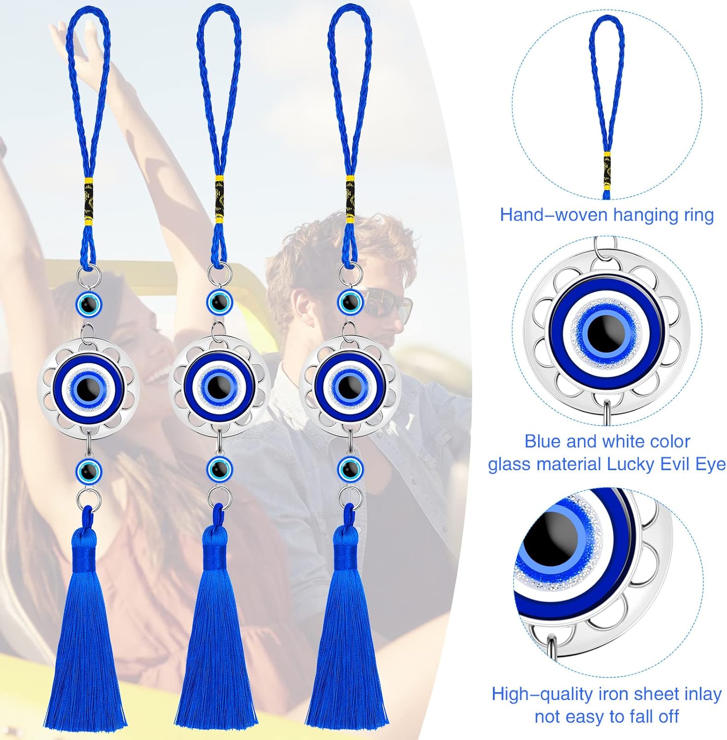 Lucky Evil Eye Car Hanging Ornament Blue Resin Evil Eye Beads Charm Pendant Tassel Rear View Mirror Hanging Accessories Protection Pedant Charms for Car Home Decors(12 Pieces) - Image 3