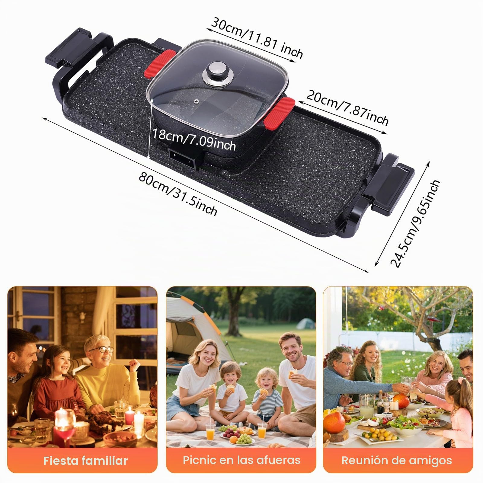 Barbacoa eléctrica 2 en 1, 1100 W + 2200 W, olla caliente multifuncional para barbacoa, olla caliente coreana de aluminio fundido, antiadherente multifuncional, doble control, shabu shabu, olla