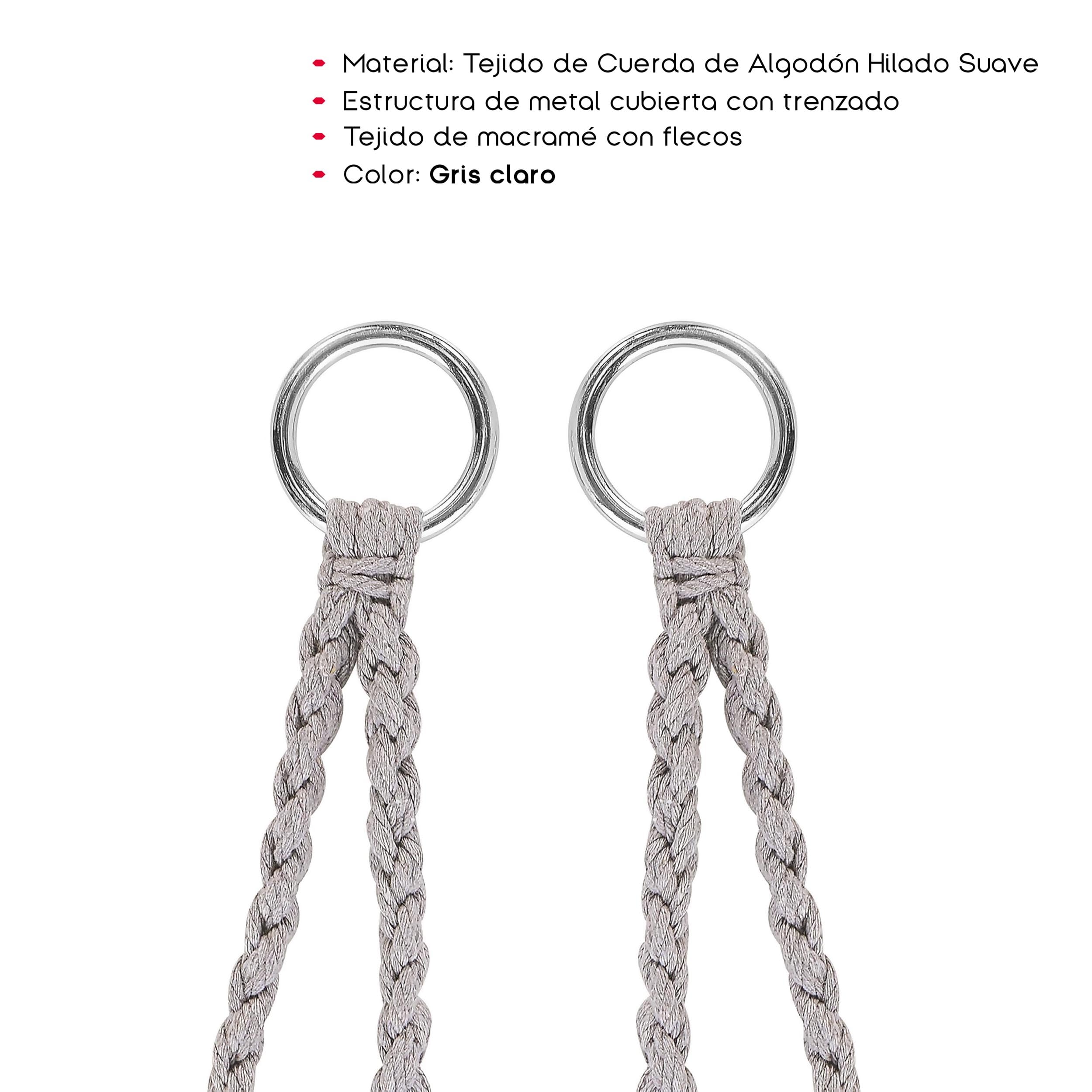 TIENDA EURASIA – Silla Colgante Exterior | Material Tejido de Cuerda Macarmé de Algodón Hilado Suave | 2 Ganchos de Metal | Color Gris Claro | Asiento Ancho de Encaje | 80x40cm