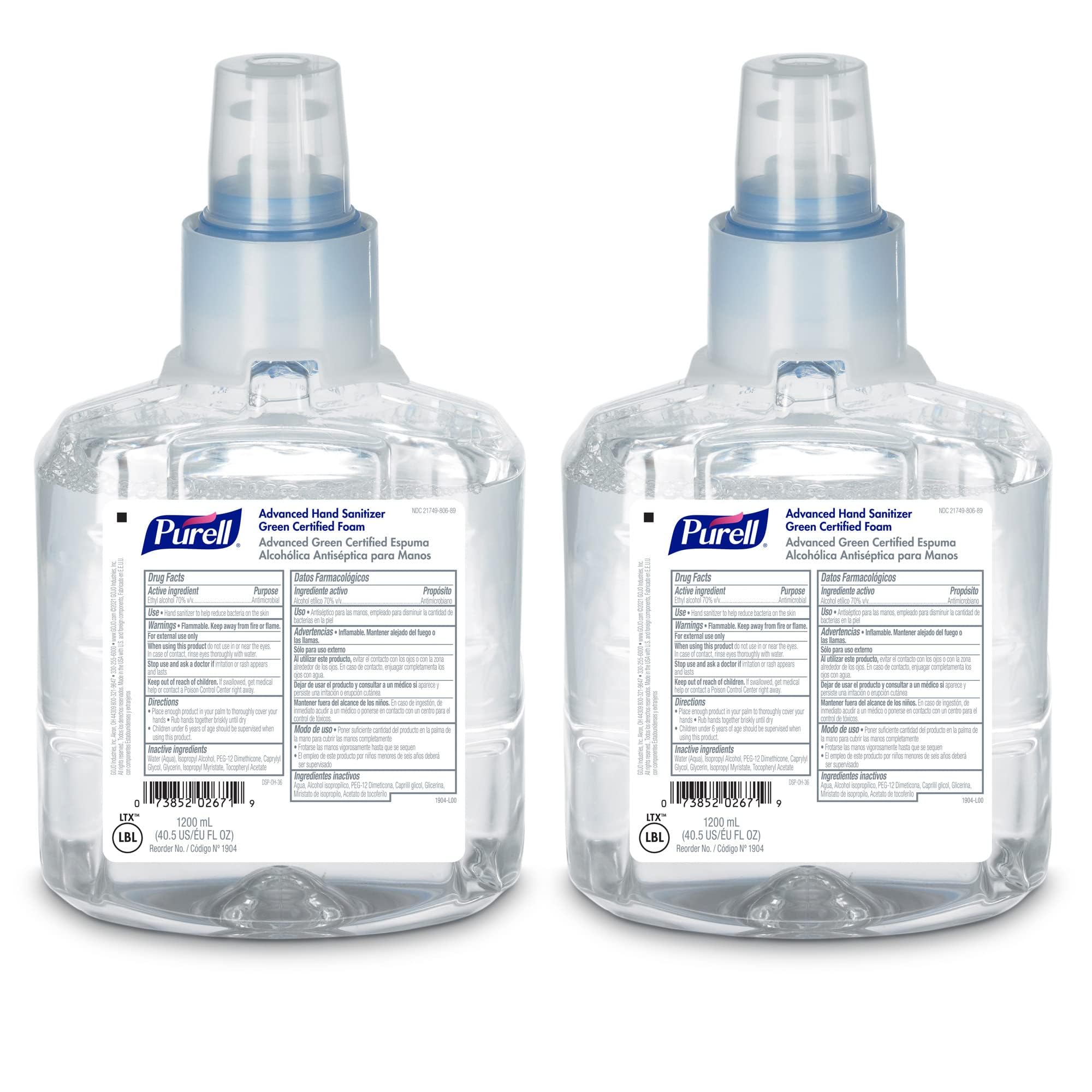 PURELL LTX-12 Advanced Green Certified Hand Sanitizer Foam, Fragrance Free, 1200 mL EcoLogo Certified Sanitizer Refill for PURELL LTX-12 Touch-Free Dispenser (Pack of 2) - 1904-02