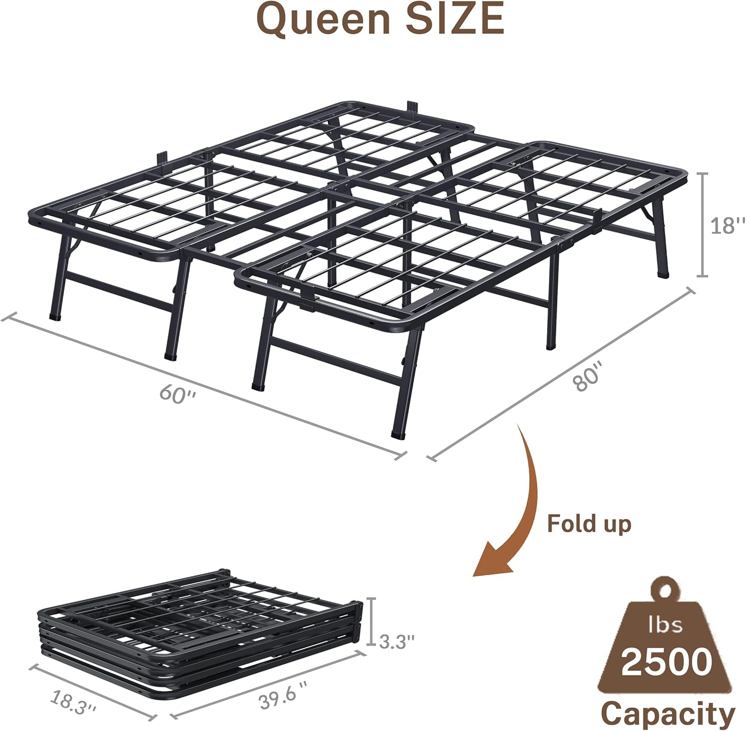 18 Inch Queen Metal Bed Frame Folding Bed Frame Tool-Free Assembly Mattress Foundation No Box Spring Needed Platform 2500lbs Heavy Duty Steel Slats, Noise-Free, Easy Assembly, Black