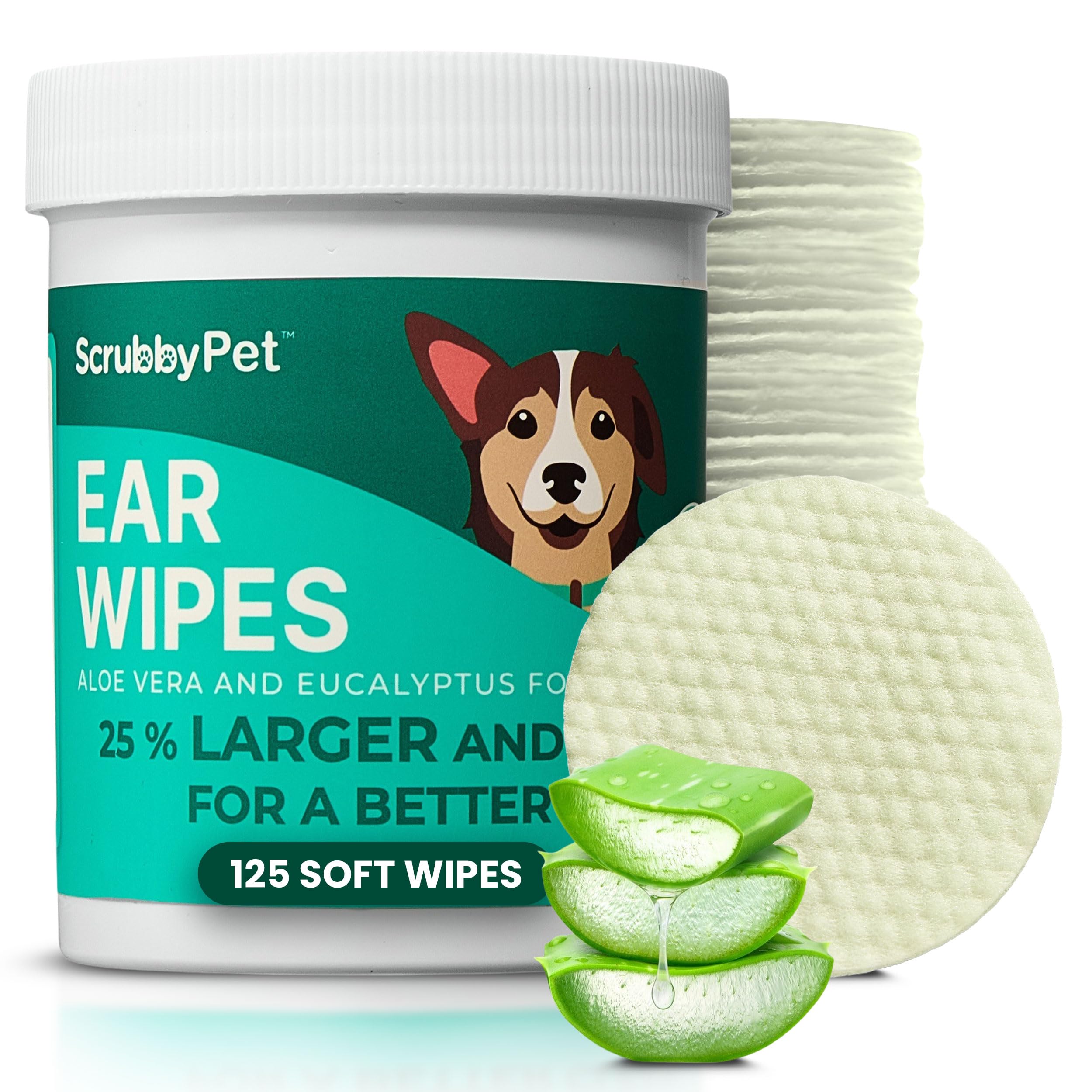 Dog Ear Wipes for Dogs | Extra Thick with Aloe Vera & Eucalyptus | 125 Count | Hypoallergenic Ear Cleaner for Dogs with Pearl Texture for Deeper Clean | Scrubby Pet