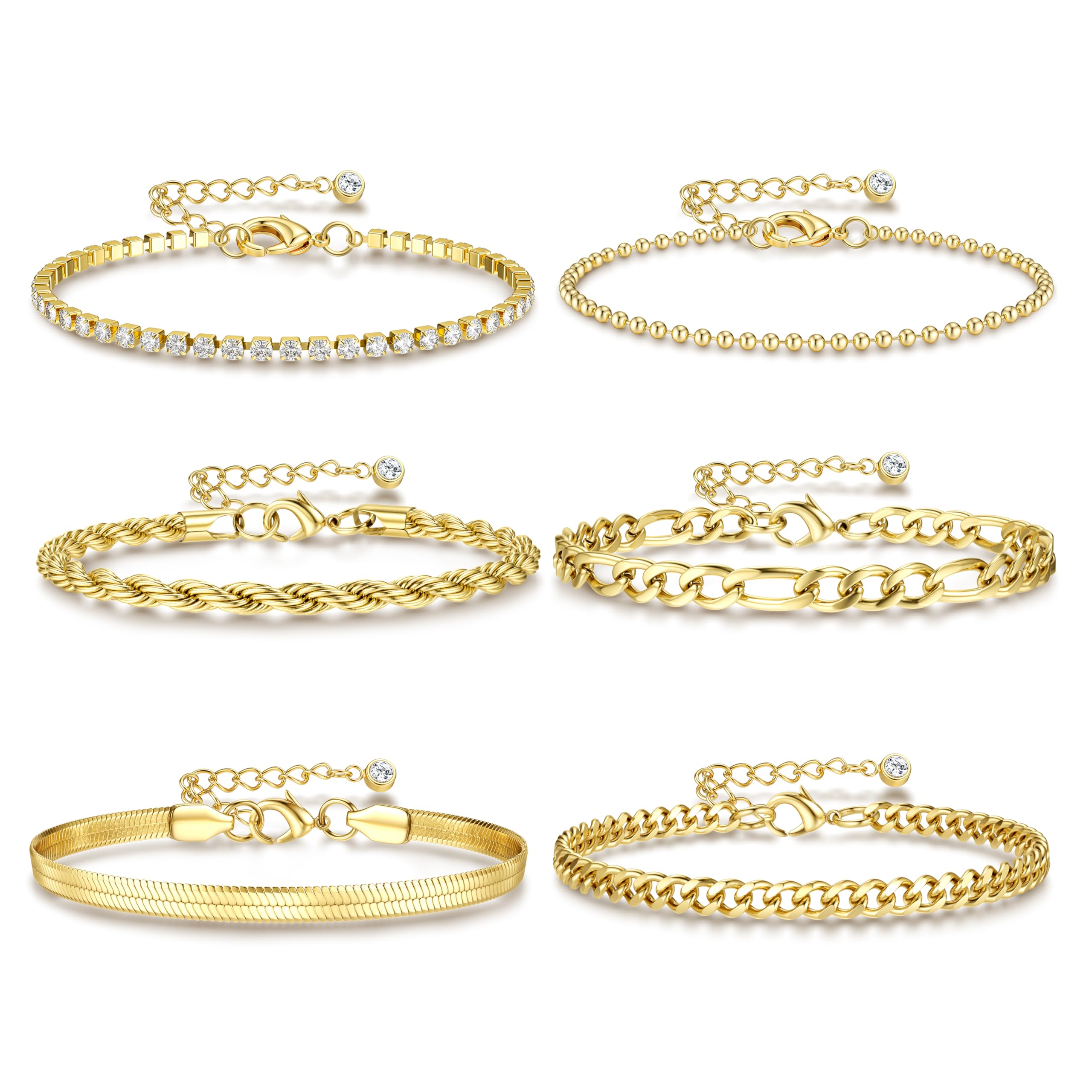 Lot De 6 Bracelets Dorés JeweBella – Acier Inoxydable Plaqué Or 14 Carats – Réglables – Pour Femme Et Fille