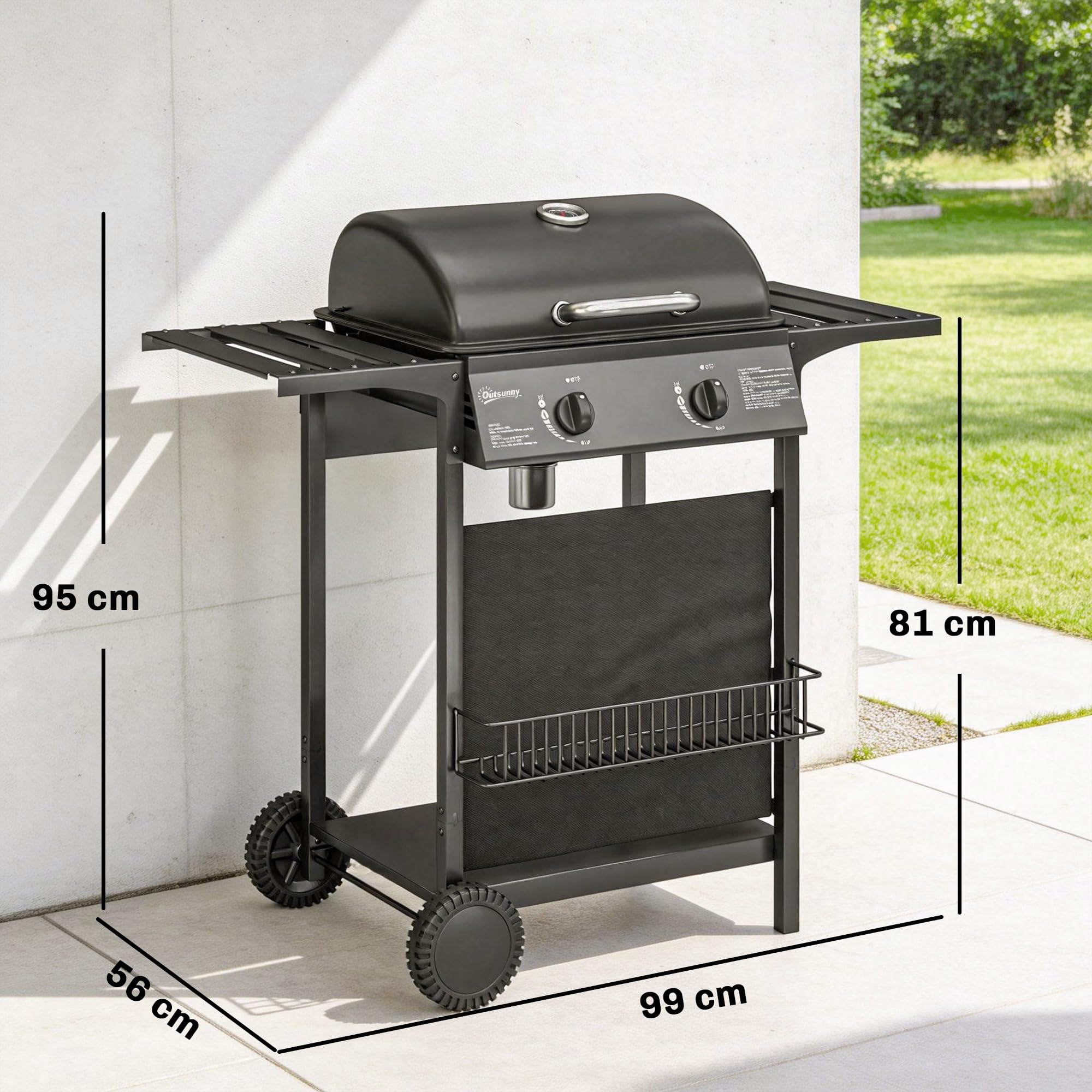 Outsunny Barbecue a Gas 2 Bruciatori 5KW BBQ Portatile Griglia Acciaio Inox con Ruote Giardino