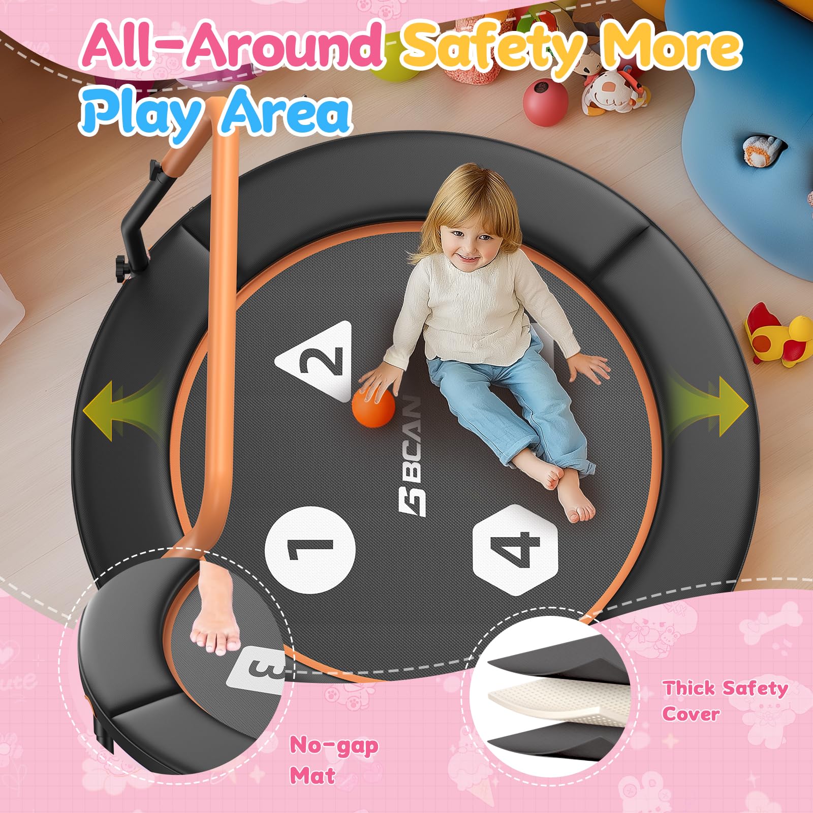 BCAN Trampolino per bambini da 91 cm, manico regolabile, imbottitura di sicurezza e gambe pieghevoli, trampolino per bambini per interni ed esterni, regalo per ragazzi e ragazze