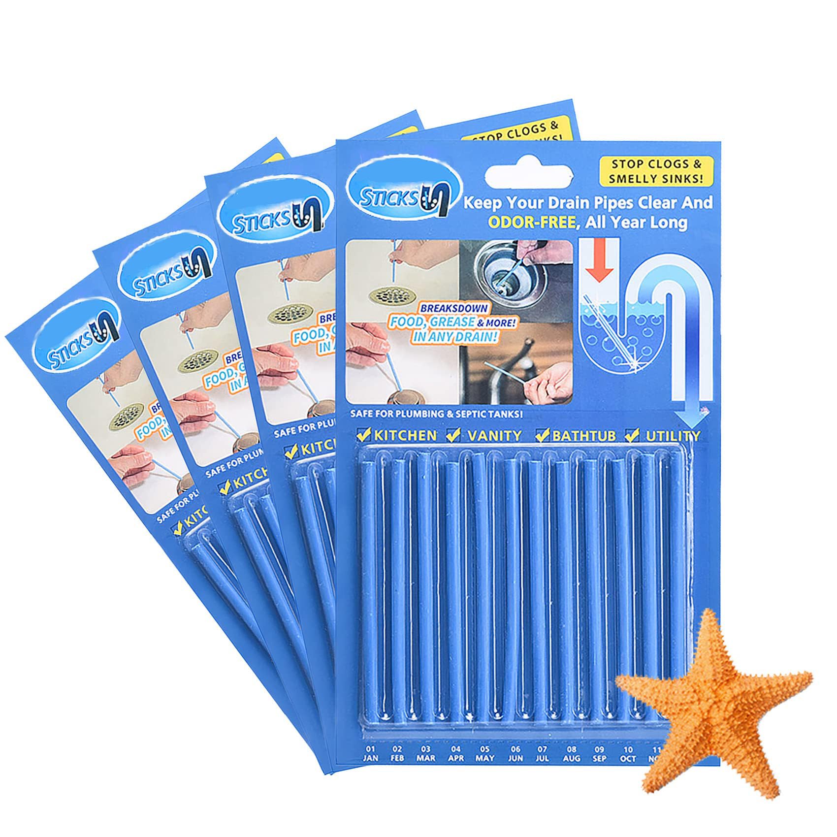 KASTWAVE Drain Clean Sticks - Remove Blockages, Deodorize, Prevent Oil Accumulation for Sinks, Tubs, Showers, Disposals - 4 Pack