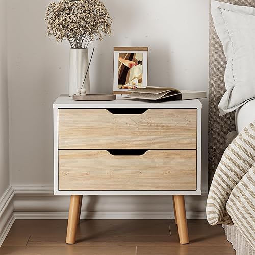 Miniatura 4 de BVIUNTWO Mesita de noche blanca con estación de carga, cómoda de 2 cajones para dormitorio, pequeña cómoda de roble blanco con cajones, mesa