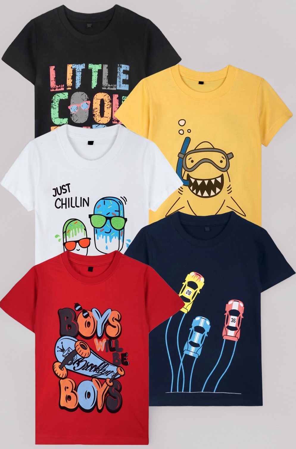 T2F Boys Cotton T-Shirts Pack of 5 |Soft Cotton Breathable Fabric | Half Sleeve Round Neck | Multicolor Casual Wear Combo | Kids Clothing for 2–16 Years