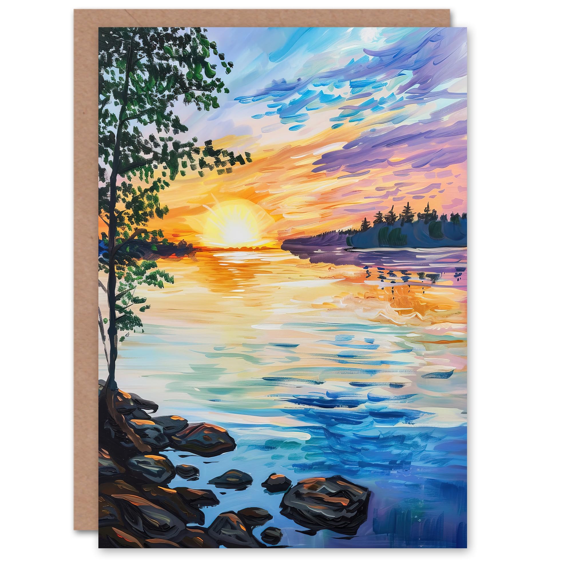 Artery8 Greeting Card - Sunset on Calm Lake Oil Painting - Tranquil Peace