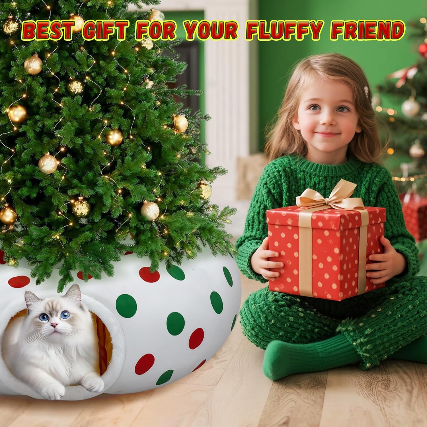 Cat Tunnel Christmas Tree Skirt, 3ft x 3ft x 9.8in Cat Tunnels for Indoor Cats, Red and Green Dot Cat Donut Tunnel with Hanging Ball and Cat Ears, Kitten Toys for Indoor Kittens Puppy Rabbit