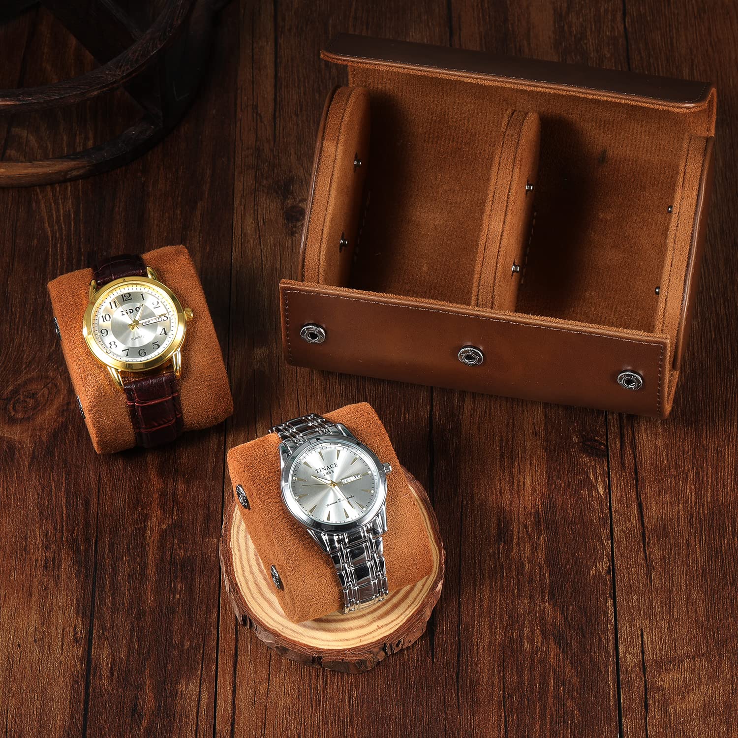 ROSELLE Watch Roll Etui podróżne dla mężczyzn i kobiet – organizer na 2 zegarki, bezpieczne przechowywanie dzięki wyjmowanym poduszkom i solidnym przegrodom, do domu, podróży i ekspozycji (brązowe)