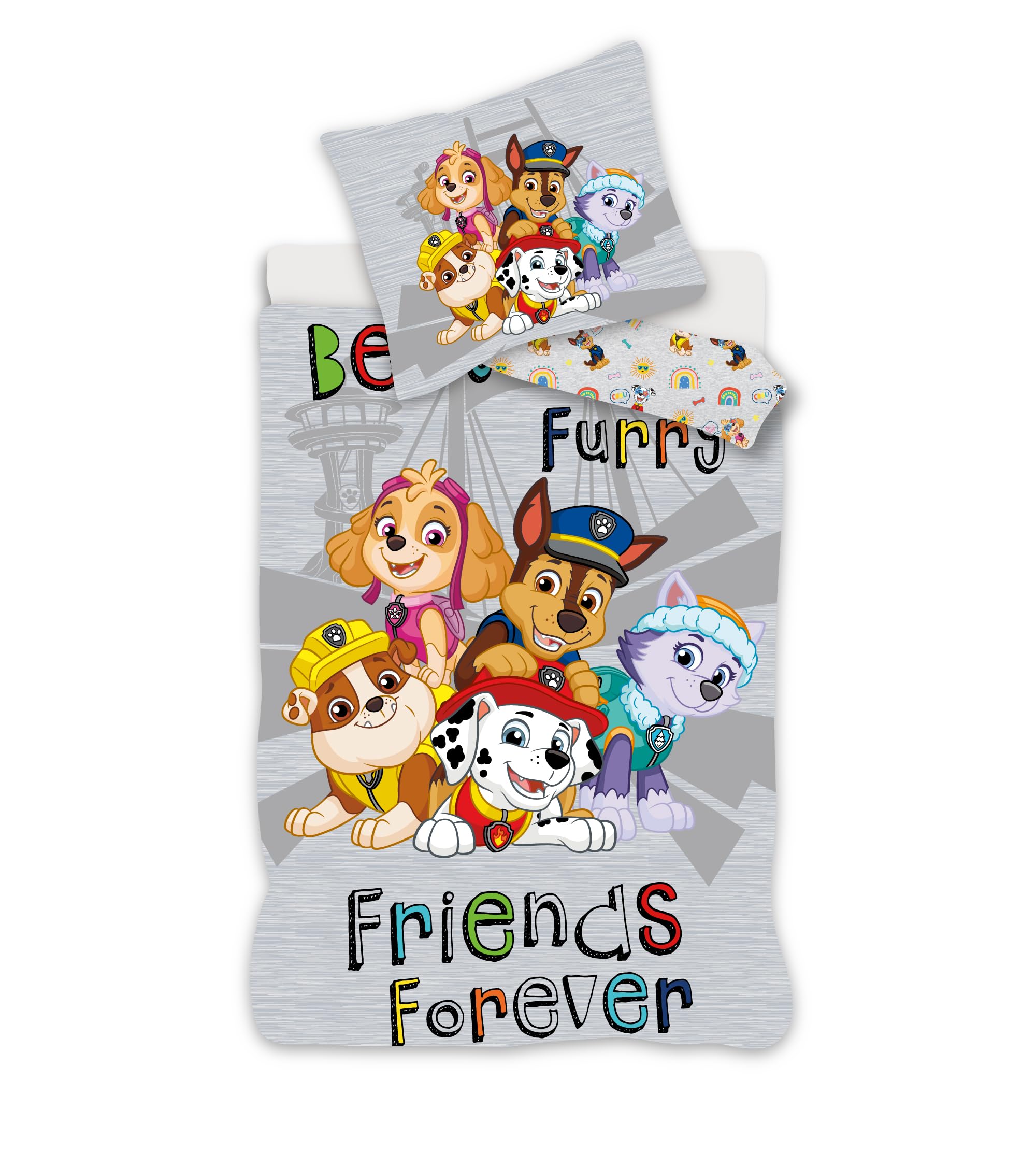 PAW PATROL Bettwäsche für kleines Bett, wendbarer Bettbezug 100 x 135 cm + Kissenbezug 40 x 60 cm, 100 % Baumwolle, mit Chase, Marcus, Ruben, Stella und Everest