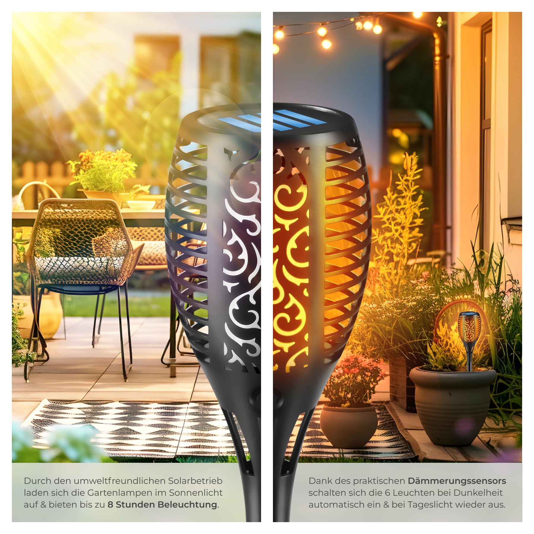 tectake® 6x LED Solarlampen für außen, für Garten, als Wandleuchte, Solar Lampe Fackeln für Draußen, Aussenlampe Wand, Solarleuchten, outdoor Gartenfackeln, Gartenleuchten, Wegbeleuchtung