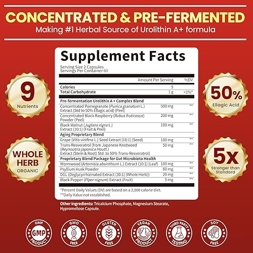 Miniatura 9 de Suplemento de urolitina A+, urolitina A prefermentada - Fuente de hierbas - Extracto concentrado 5X, aumenta los niveles de urolitina A,
