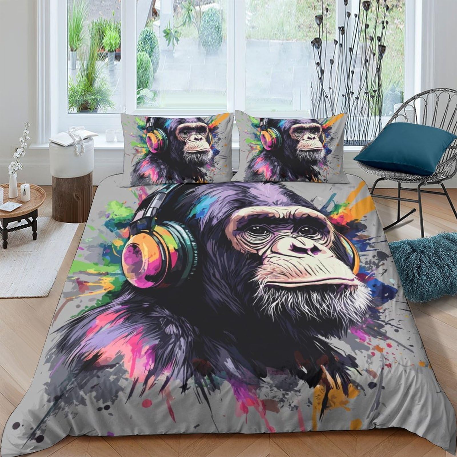 Ctjqhvkz Style-2 3D Printed Graffiti Monkey Fitted Sheet Microfiber Anti-Slip Bedroom Decor Headphones Bed Cover For All Ages Single（135X200cm）