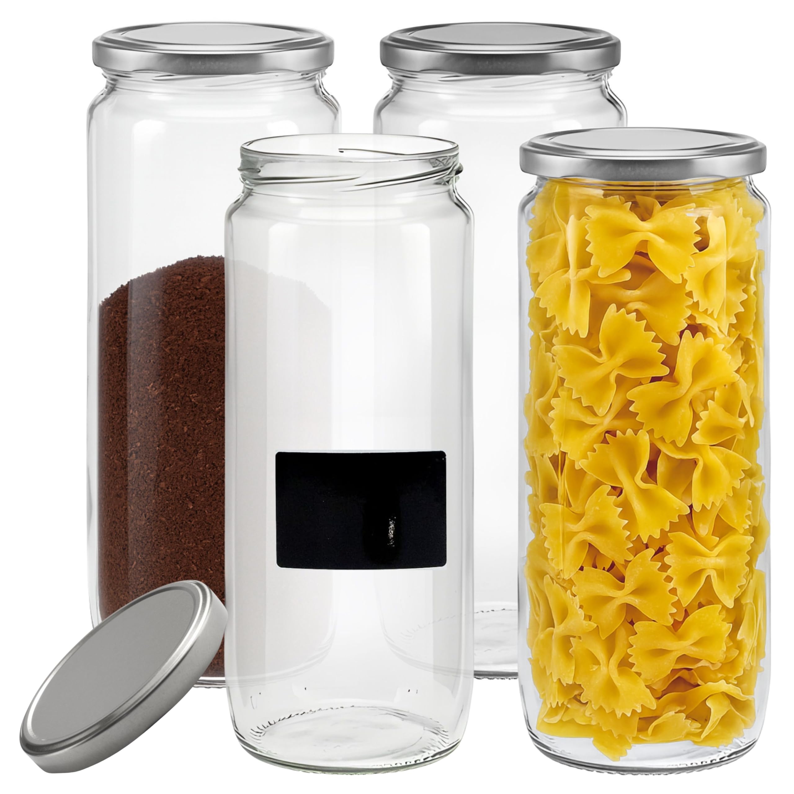 mikken Set of 4 storage jars 1.1 litres with screw cap, preserving jar, glass jar with labels.