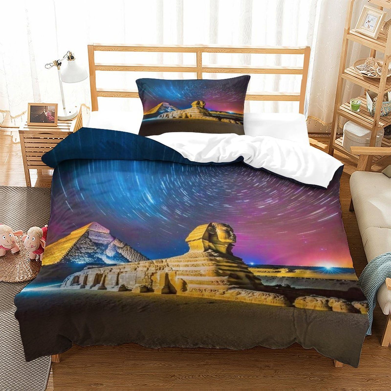 XiaopangXY Breathable Pyramids Duvet Cover Single（135x200cm）, Cozy Sleeping Aid Sphinx Rotating Starry Sky Comforter Cover for Kids & Adults, Comfortable Home Bedding Set