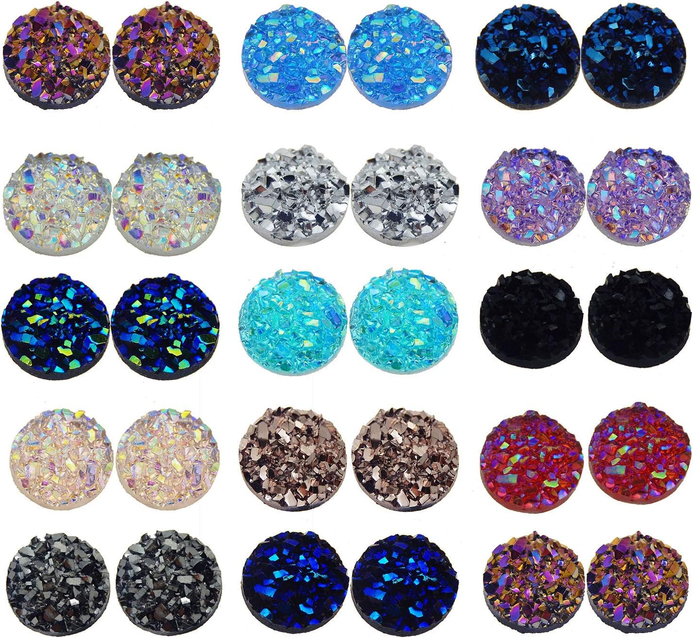 JJG 200 PCS Mixed Colors Faux Druzy Quartz Round Flat Back Dome Cabochons DIY Accessories, 8mm Diameter