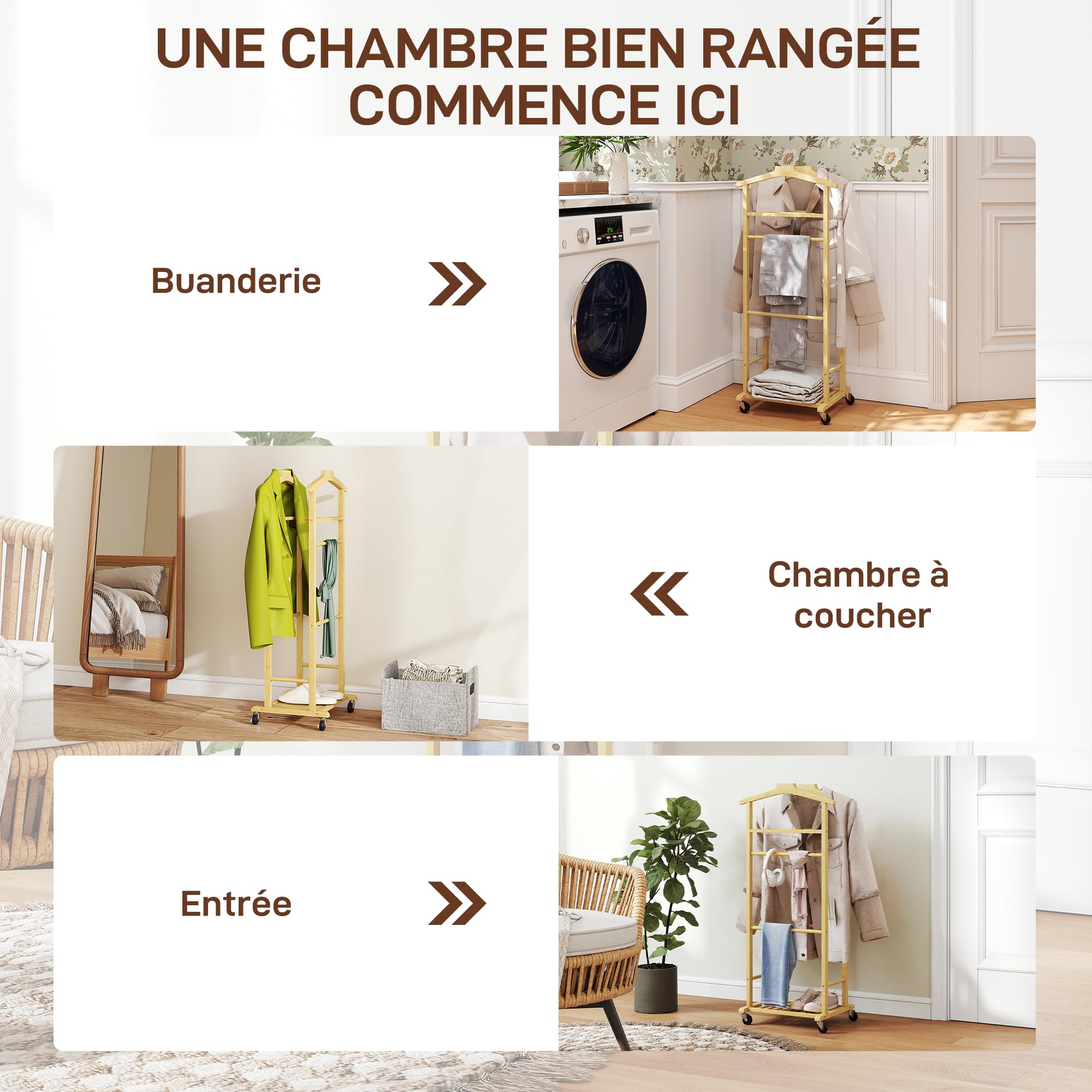 HOMCOM Valet de Chambre à Roulettes Bambou Double Cintre Bois Naturel | Portant à Vêtements, Tige à Pantalons, Plateau à Accessoires, Étagère, Porte-Manteaux, Chambre, Buanderie