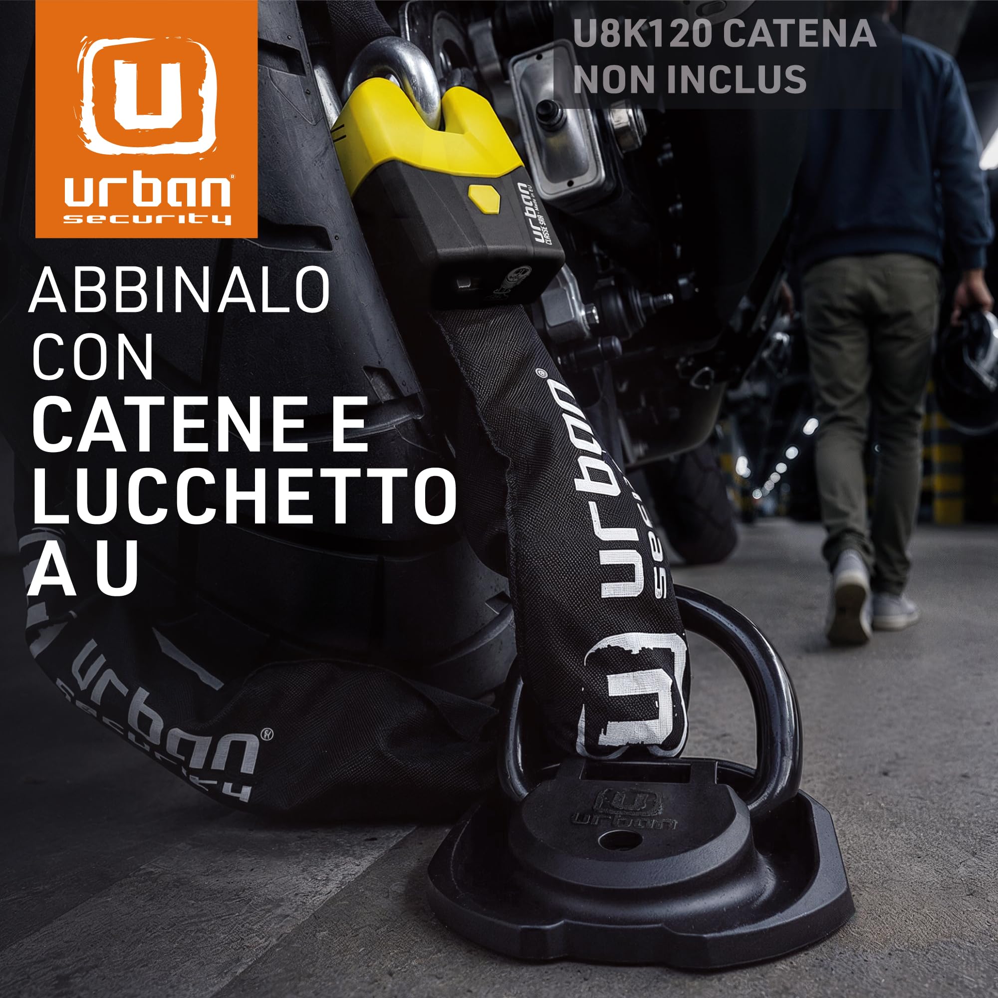 URBAN SECURITY UR55 Ancoraggio Sicurezza Moto Scooter, braccio oscillante in acciacio 14mm, a terra o al muro, all'interno o all'esterno