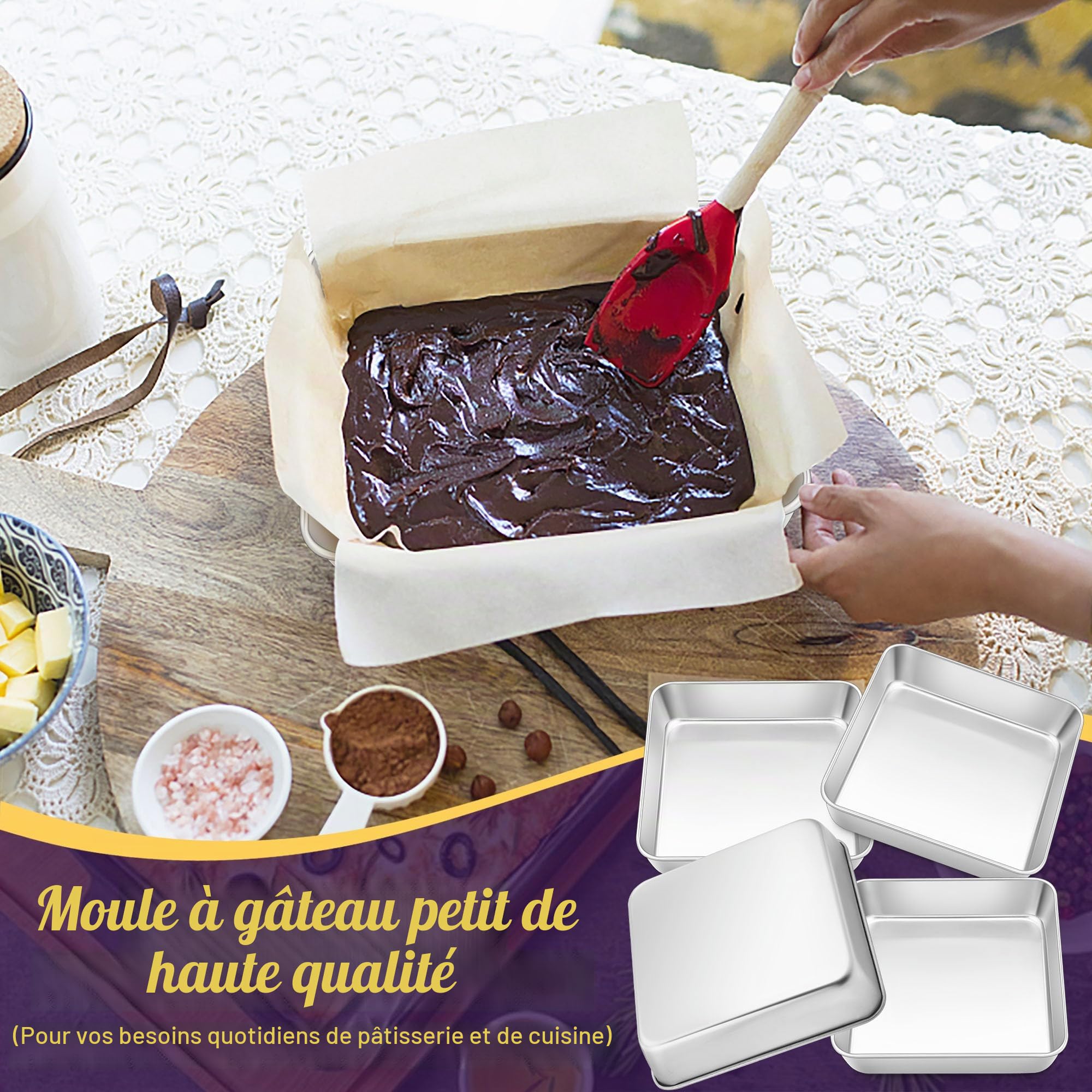 HaWare Lot de 4 plats à gratin carrés, en acier inoxydable, petits, carrés, idéaux pour lasagnes, brownies, gâteaux, sains et passent au lave-vaisselle, 15 x 15 x 5 cm