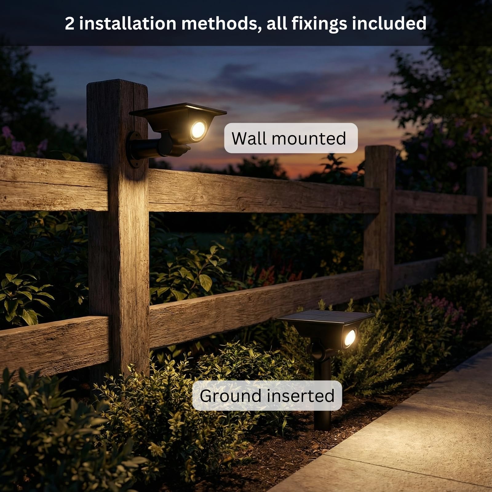 Auraglow Faretti Solari a Picchetto, Montaggio Terra o Parete, Set da 8 | Accento LED da esterno per alberi e piante, IP54, batteria al litio, doppia installazione, nessun cablaggio