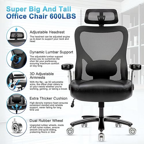 Miniatura 42 de Bigroof Silla de oficina en casa, silla de escritorio ergonómica de malla de 400 libras con brazos de apoyo lumbar ajustables, respaldo alto,