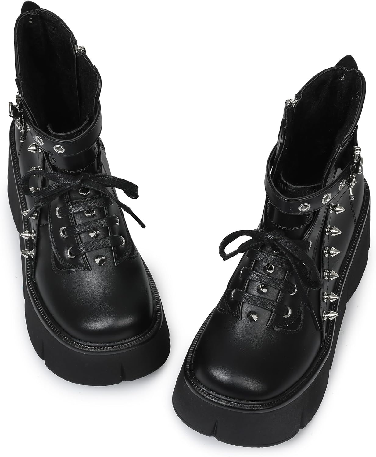 Women Black Platform Boots Wedge Goth Round Toe Lace Up Chunky Heel Studded Combat Zip Buckle Ankle Shoes - Image 5