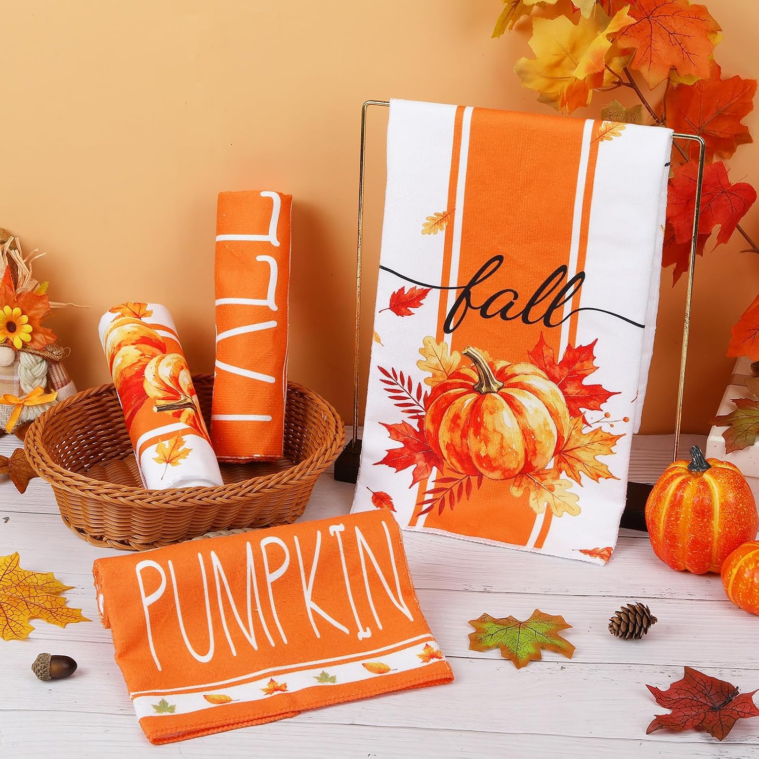 4pc Fall Kitchen Towels,Thanksgiving Pumpkin Dish Hand Towel