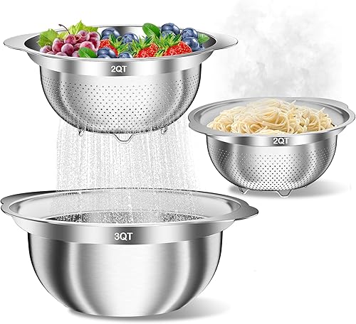 Coladores de acero inoxidable con tazón para mezclar, colador y colador de 2.0 cuartos de galón y 2.0 cuartos de galón con asa, cuenco de cocina
