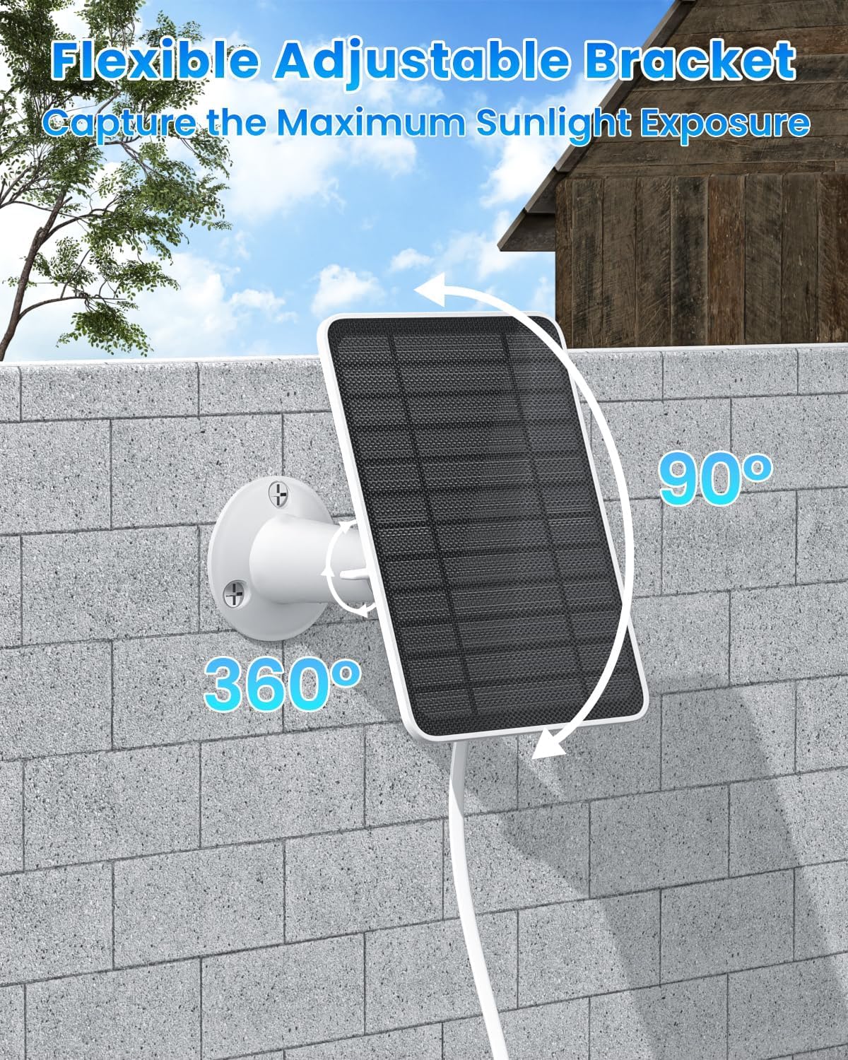 Pannello solare da 5 W per telecamera di sicurezza, caricatore a pannello solare con porta USB-C/Micro USB/DC da 3,5 mm per fotocamera a batteria ricaricabile, compatibile con fotocamera