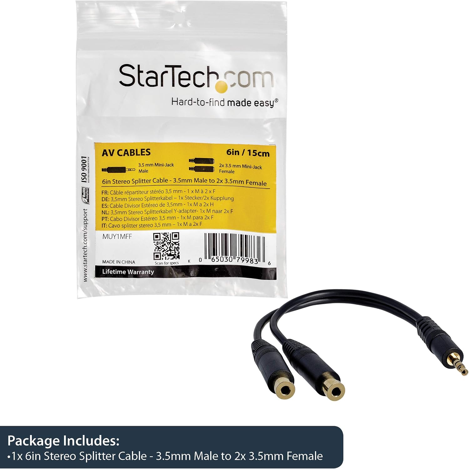 StarTech.com 6 in. 3.5mm Audio Splitter Cable - Stereo Splitter Cable - Gold Terminals - 3.5mm Male to 2x 3.5mm Female - Headphone Splitter (MUY1MFF),Black
