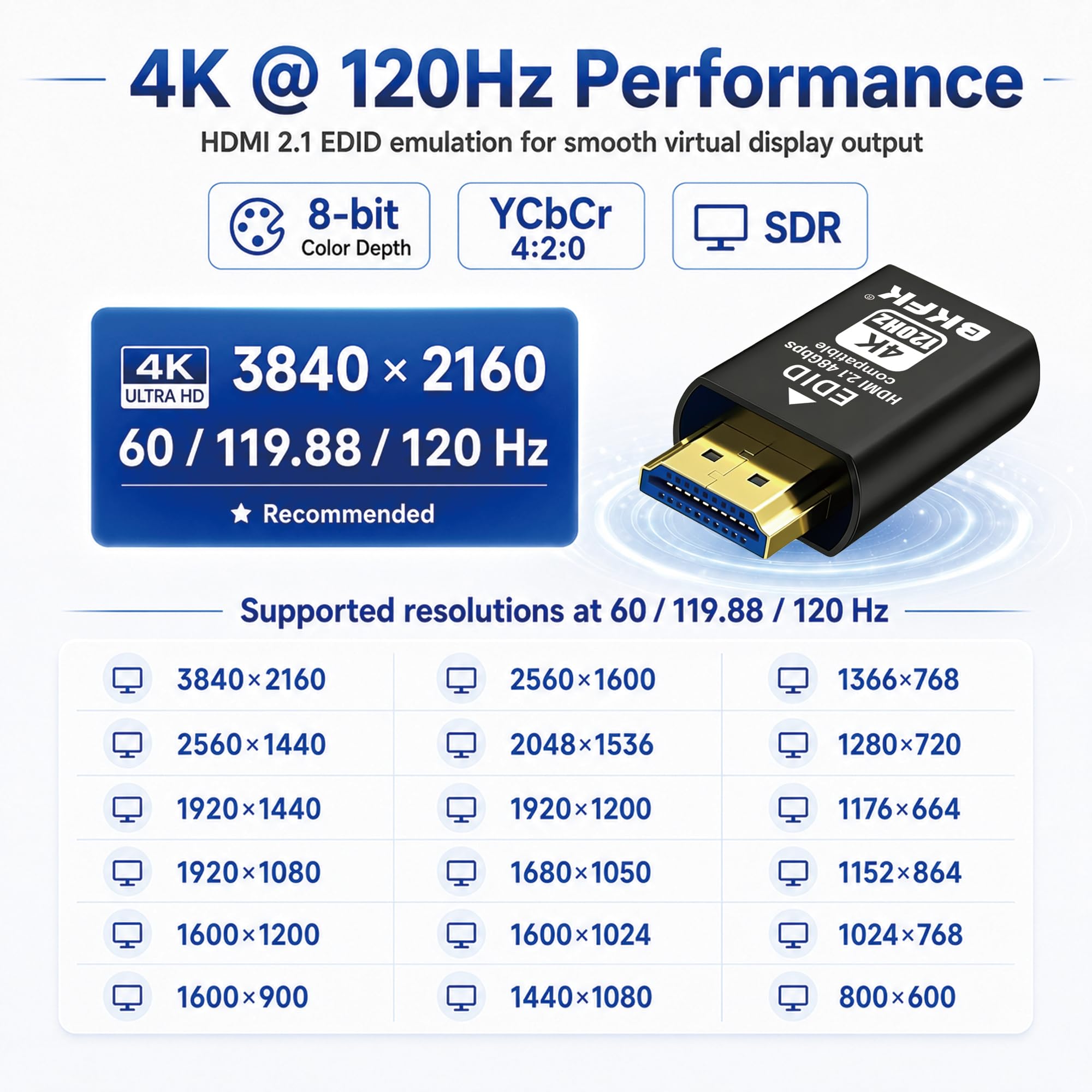 DP 4K 60Hz DisplayPort Prise factice sans tête – Prend en charge 1080p-120Hz EDID Dongle 60Hz pour crypto mining, serveurs distants et bureaux virtuels (2.1-4K-120Hz-2P-)