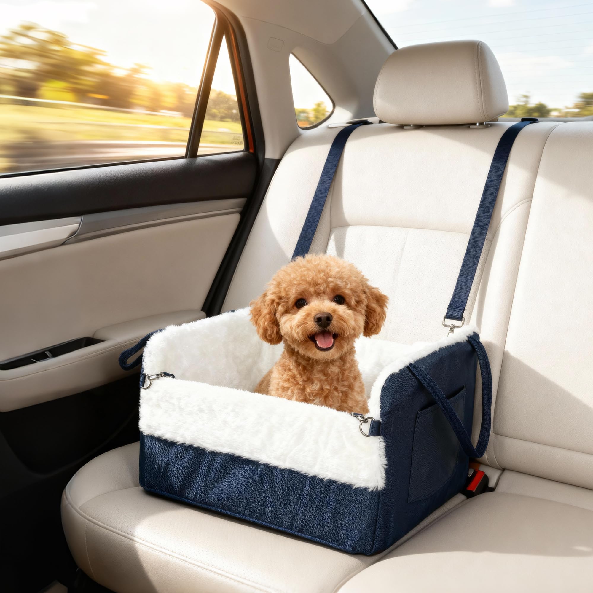 PawHut Asiento de Coche para Perros con cinturón de Seguridad y fijación, Asiento de Coche para Perros con Base Antideslizante portátil hasta 5 kg, cojín extraíble Cesta de Coche para Mascotas, Azul | Fijación, asiento de coche para perros, base antidesli