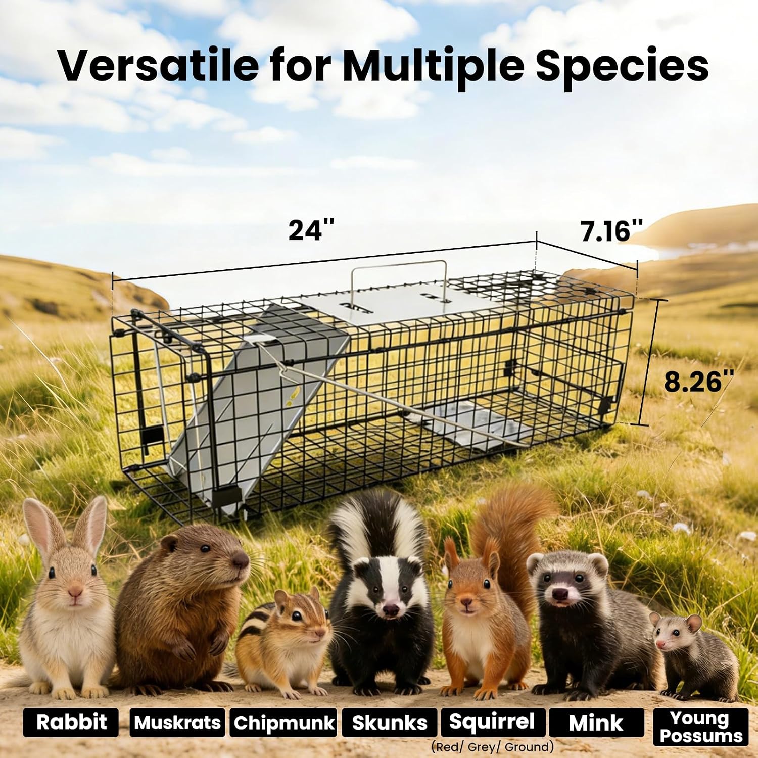 APXL Animal Trap Heavy Duty Folding 24" Live Trap – Professional Large Trigger Pan Live Animal Trap for Squirrel, Rabbit, Skunk, Possum, Chipmunk, Muskrat, Mink - Catch and Release Animal Cage Trap