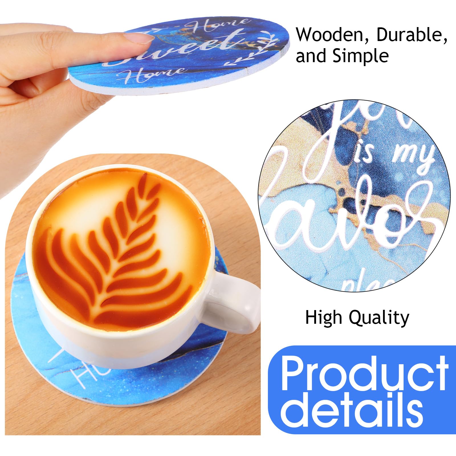 Housewarming Gifts for Home Decoration Wooden Heart Coasters for Drinks Set of 6 Farmhouse Coasters with Holder Funny for Coffee Table Protection 4 Inch (Navy Blue Marble) - Image 3