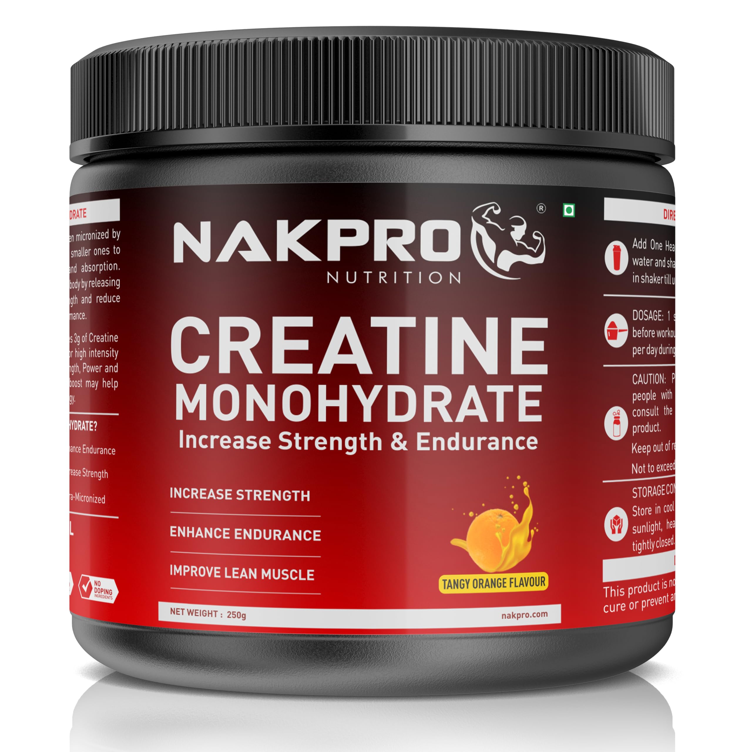 NAKPRO Micronised Creatine Monohydrate Powder 250g Jar, Tangy Orange | 3g Creatine/Serving | Trustified Certified | Rapid Absorption Pre/Post Workout Supplement for Muscle Repair & Recovery