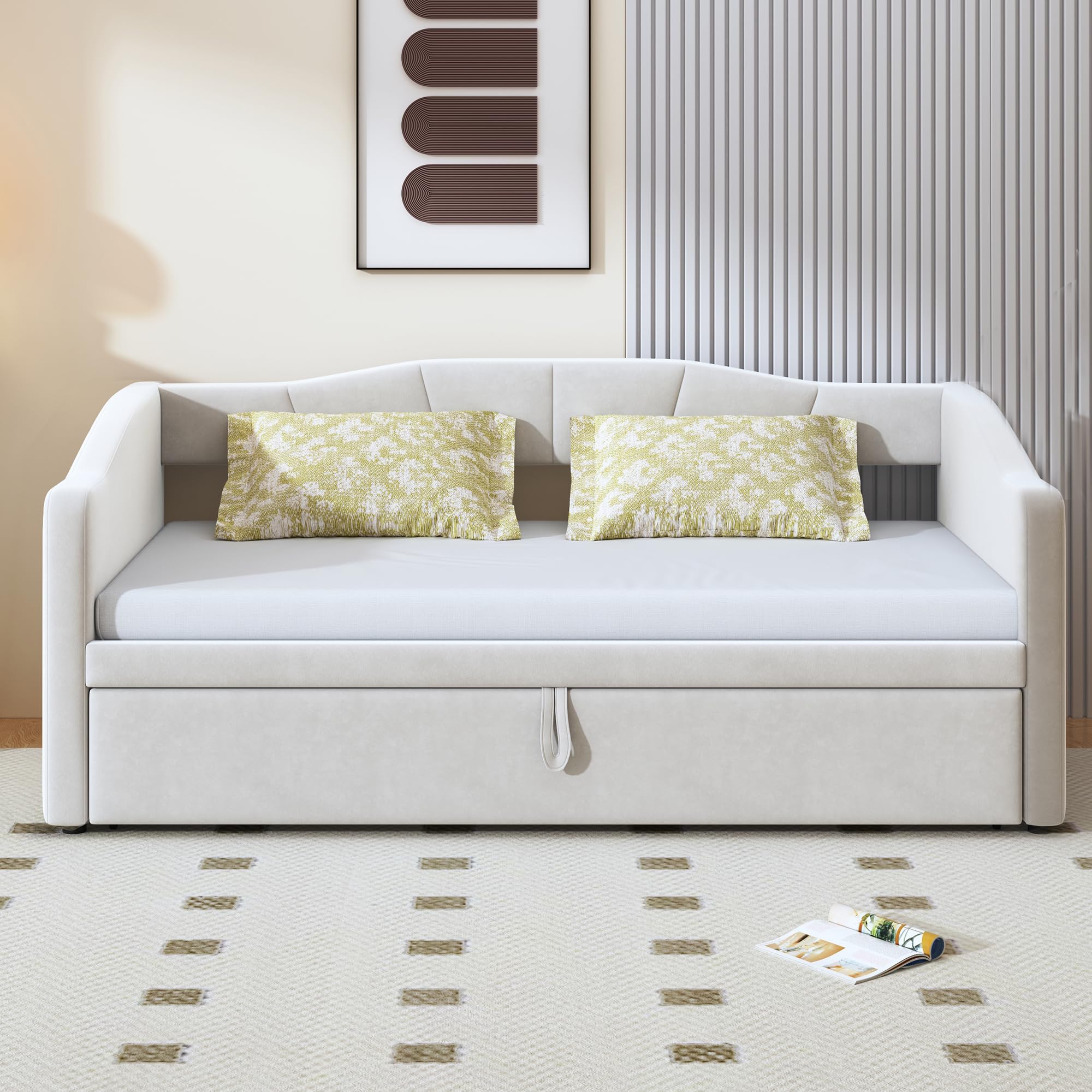 Letto contenitore 90 x 190 cm con testiera e schienale, divano letto - Velluto - Rete a doghe in metallo - Rosa (senza materasso) | Leroy Merlin