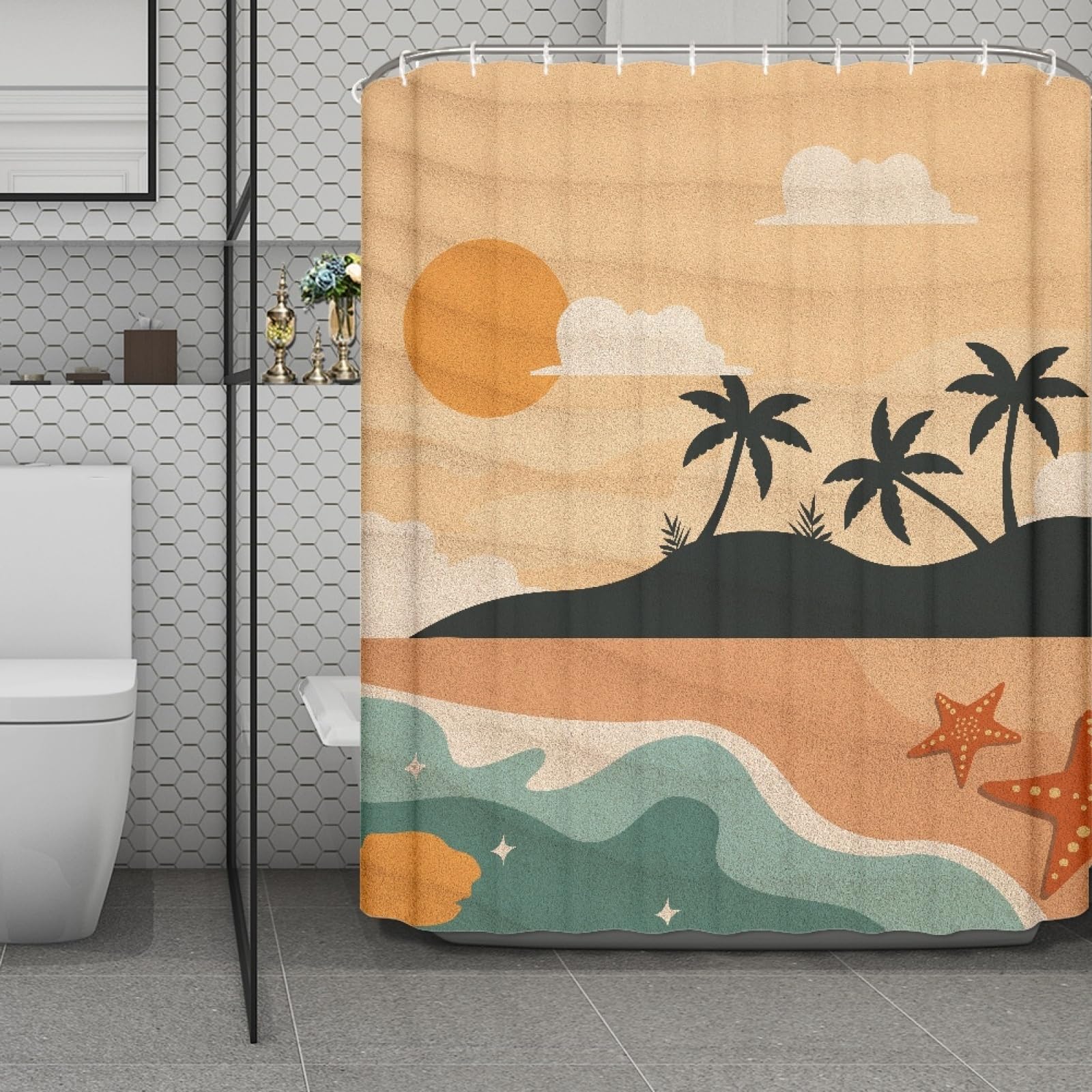 Rideau de douche 180x220 cm jaune motif plage en tissu polyester lavable
