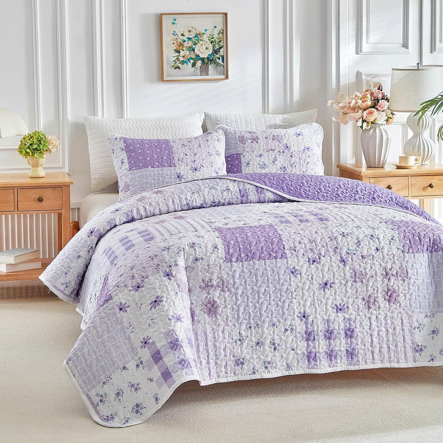 Flysheep Floral Patchwork Quilt Set Twin Size, 2 Pieces Purple Flower Plaid Bedspread Coverlet Set, Lightweight Soft Microfiber Bed Cover for Kids (68" x 86", 1 Quilt+ 1 Pillow Sham)