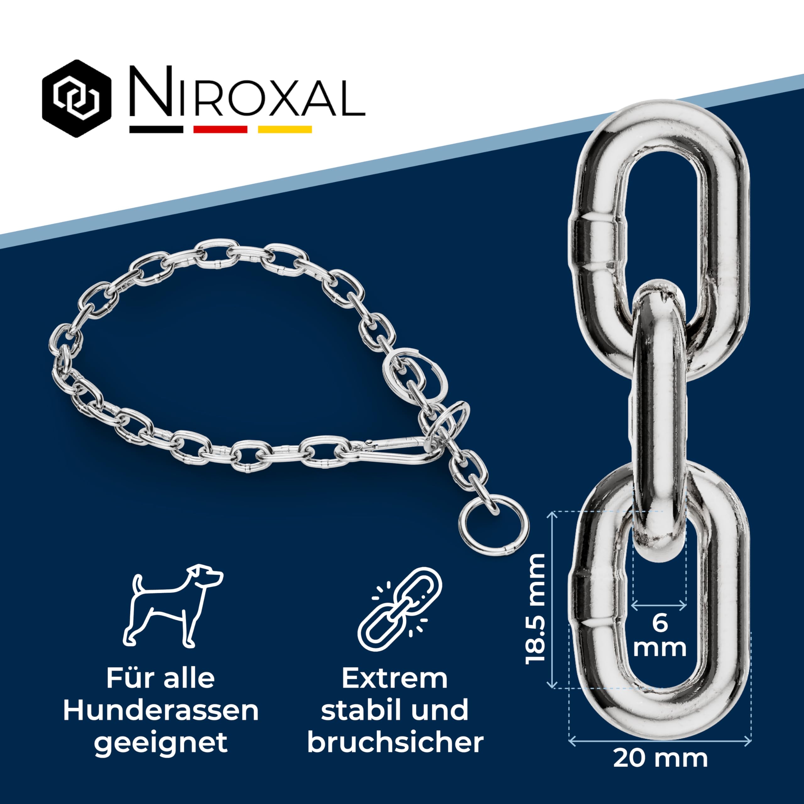 Collar de Cadena para Perro de Acero Inoxidable con mosquetón y limitador de Ajuste – eslabones Cortos 6 mm x 75 cm