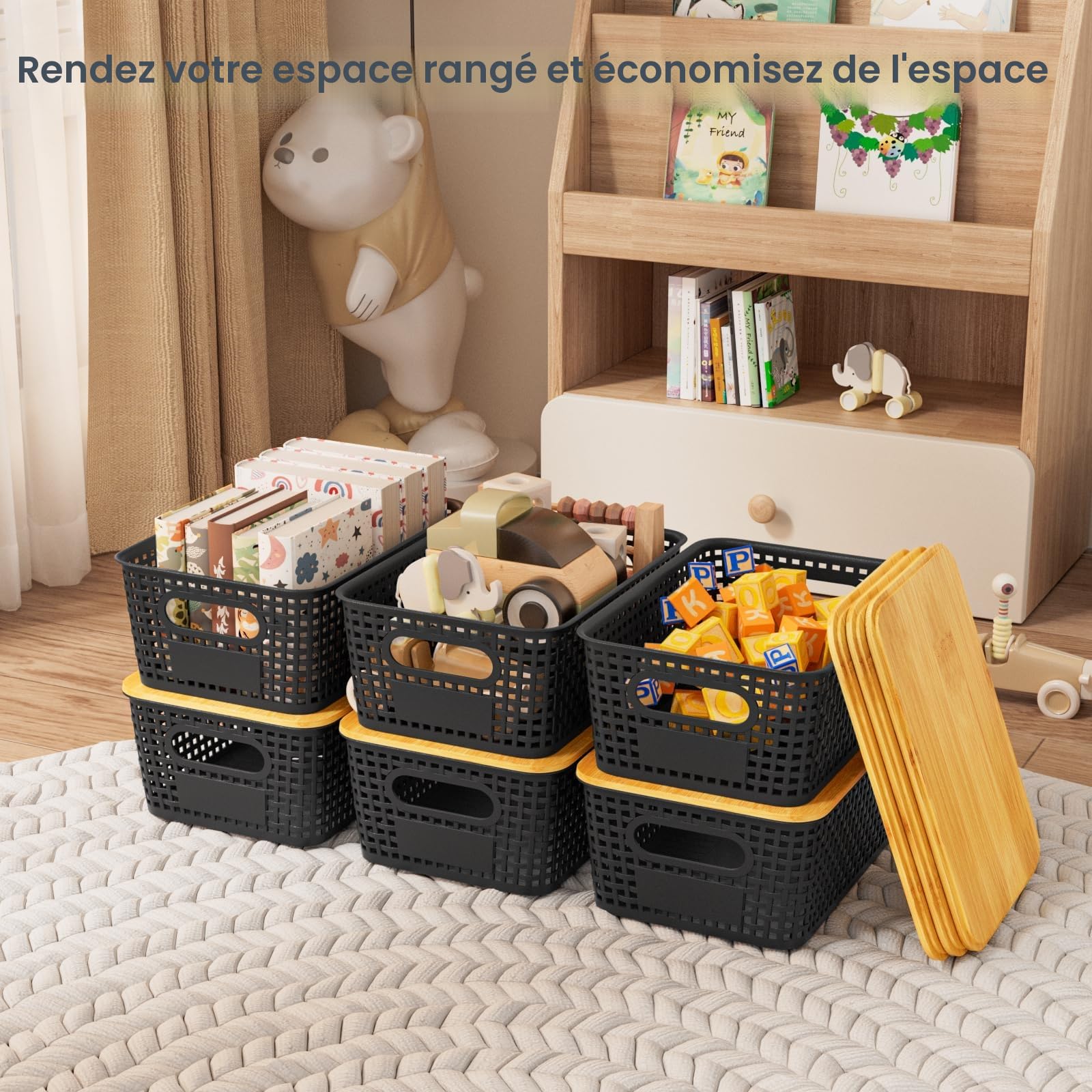 Lot de 6 boîtes de rangement avec couvercles en bambou, boîtes de rangement pour salle de bain, cuisine pour étagères, armoires, placards et maison (Noir, lot de 6-5 L)